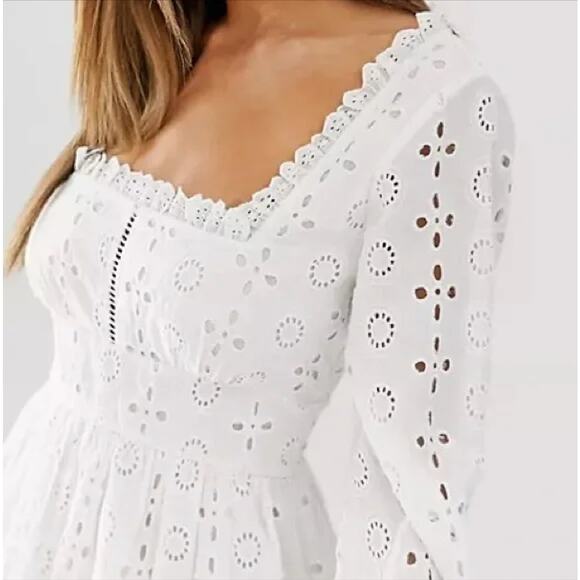 ASOS Broderie Square Neck Lace Eyelet White Mini Dress – Size 6 - Picture 3 of 10